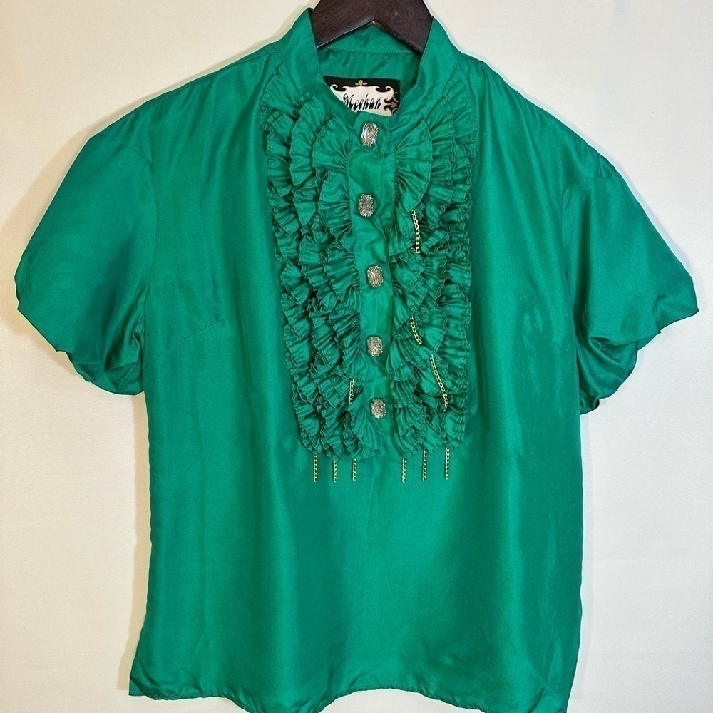 Meghan Los Angeles 100% Silk Emerald Green Front Ruffle Buttons Chains Blouse 0